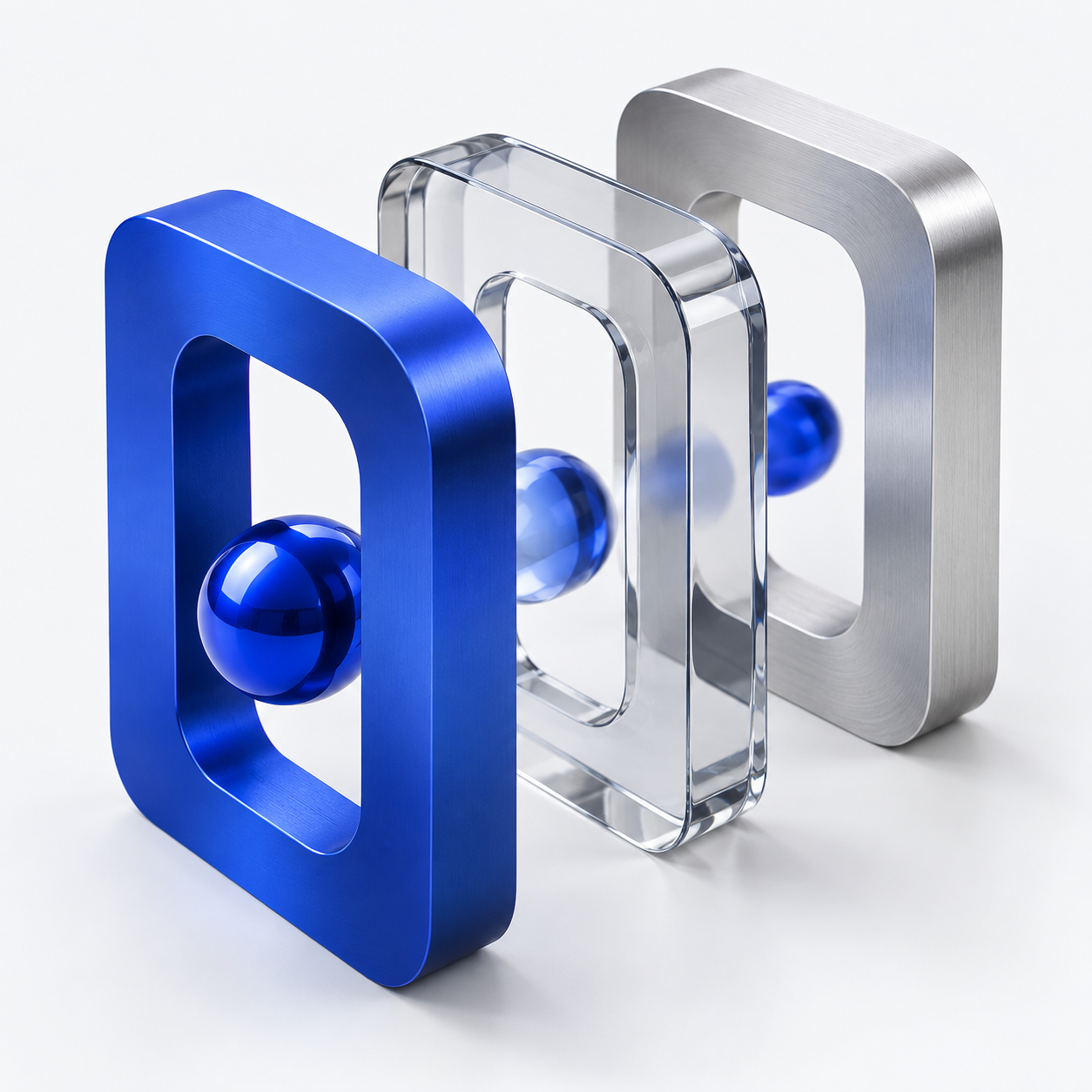 Three sculptural gateways in cobalt, glass and silver, representing the TAC data boundary